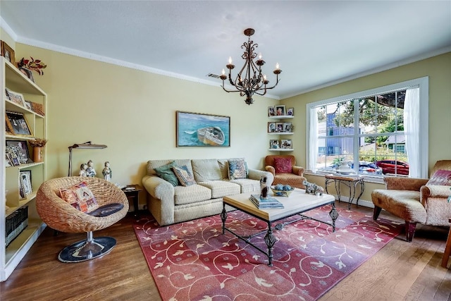 1506 Alguno Rd, Austin, TX 78757 - living room with wood finished floors, a chandelier, and ornamental molding