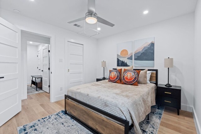 2706 Wheless Ln Bldg 5, Austin, TX 78723 - bedroom with light wood finished floors, recessed lighting, attic access, and ceiling fan