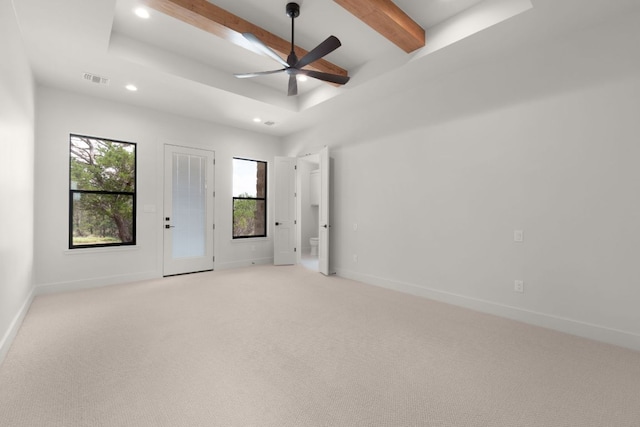 209 Burnet Oaks Dr, Burnet, TX 78611 - unfurnished bedroom with recessed lighting, light colored carpet, multiple windows, beamed ceiling, and ceiling fan