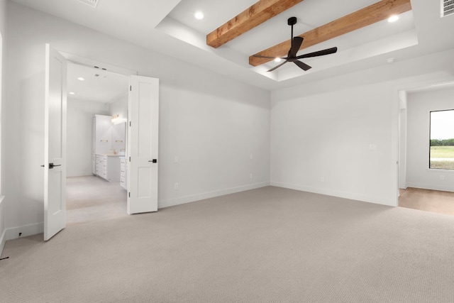 209 Burnet Oaks Dr, Burnet, TX 78611 - empty room with ceiling fan, light colored carpet, recessed lighting, and beam ceiling