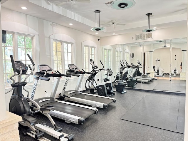 2320 Gracy Farms Ln Unit 1432, Austin, TX 78758 - gym with a ceiling fan, recessed lighting, and a tray ceiling