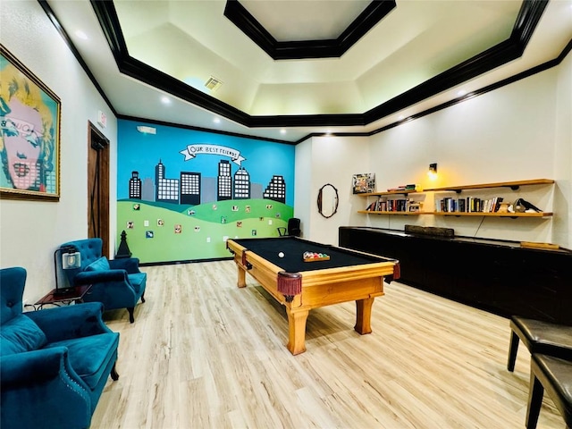 2320 Gracy Farms Ln Unit 1432, Austin, TX 78758 - recreation room with ornamental molding, wood finished floors, billiards, and a raised ceiling