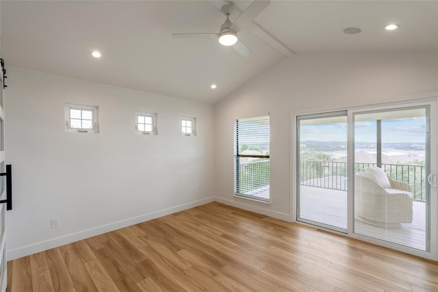 18924 Peckham Dr, Point Venture, TX 78645 - empty room featuring ceiling fan, vaulted ceiling, light wood-type flooring, and recessed lighting