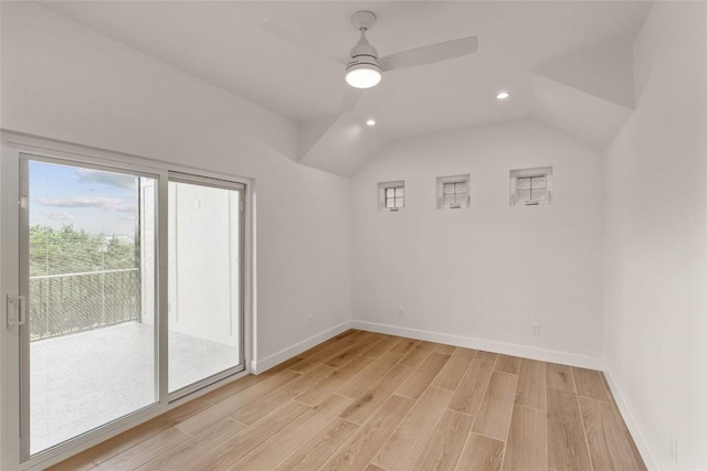18924 Peckham Dr, Point Venture, TX 78645 - unfurnished room featuring vaulted ceiling, recessed lighting, light wood-style floors, and a ceiling fan