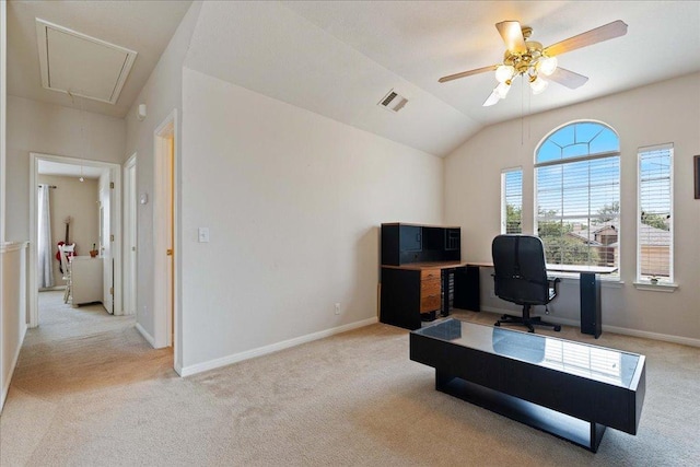 327 Lakemont Dr, Hutto, TX 78634 - home office featuring attic access, carpet, a ceiling fan, and lofted ceiling