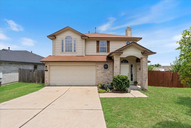 327 Lakemont Dr, Hutto, TX 78634 - traditional-style house with driveway, brick siding, a garage, and a chimney