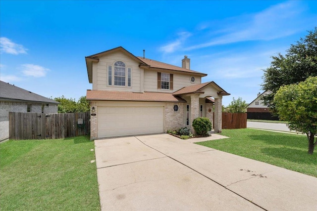 327 Lakemont Dr, Hutto, TX 78634 - traditional-style house with driveway, a garage, a chimney, brick siding, and a shingled roof