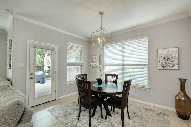 12421 Black Hills Dr, Austin, TX 78748 - dining area featuring crown molding, a chandelier, and light tile patterned flooring
