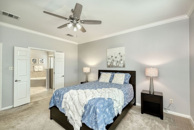 12421 Black Hills Dr, Austin, TX 78748 - bedroom with carpet floors, crown molding, ensuite bath, and ceiling fan