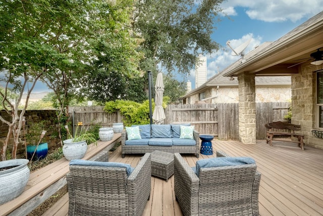 12421 Black Hills Dr, Austin, TX 78748 - wooden terrace featuring an outdoor living space, a fenced backyard, and a ceiling fan