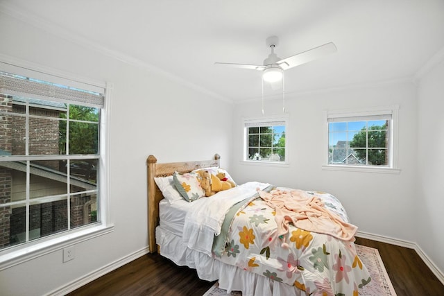 3801 Poppy Hills Cv, Round Rock, TX 78664 - bedroom featuring ornamental molding, dark wood-style floors, and ceiling fan
