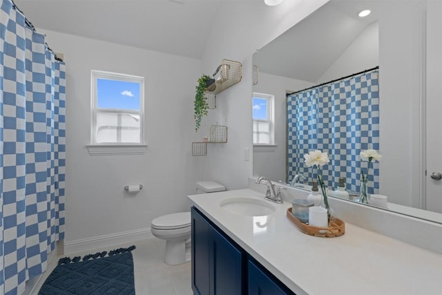 20240 Smedley Dr, Pflugerville, TX 78660 - bathroom with vanity, tile patterned flooring, vaulted ceiling, and curtained shower