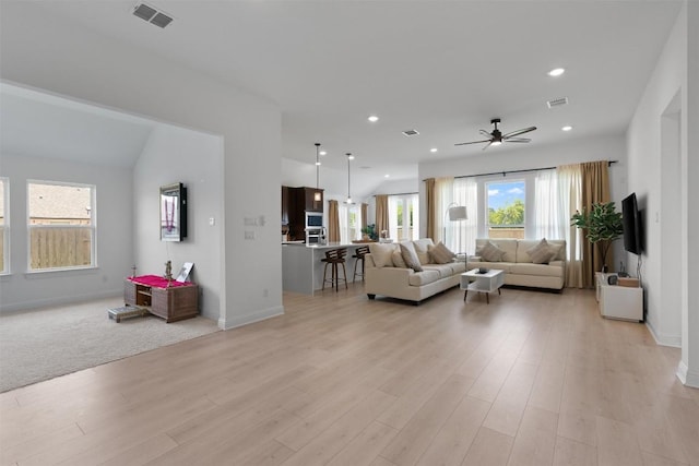 20240 Smedley Dr, Pflugerville, TX 78660 - living area featuring a ceiling fan, light wood-style flooring, and recessed lighting