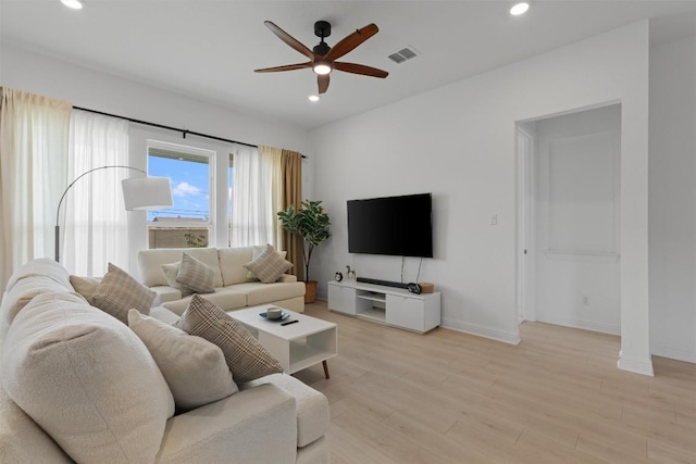 20240 Smedley Dr, Pflugerville, TX 78660 - living room with a ceiling fan, recessed lighting, and light wood-style flooring