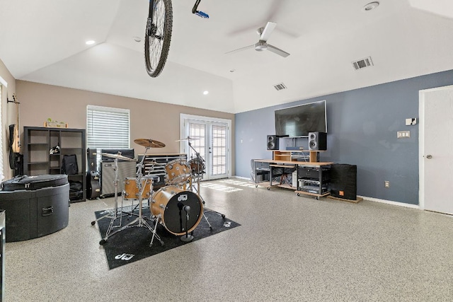 15002 Wells Port Dr, Austin, TX 78728 - misc room featuring lofted ceiling, a ceiling fan, speckled floor, and recessed lighting