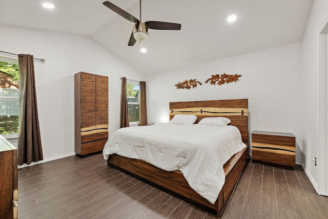 15002 Wells Port Dr, Austin, TX 78728 - bedroom featuring multiple windows, lofted ceiling, wood finished floors, ceiling fan, and recessed lighting
