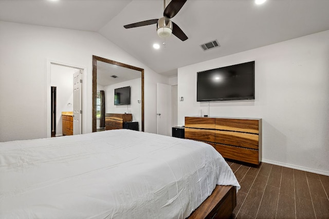 15002 Wells Port Dr, Austin, TX 78728 - bedroom featuring lofted ceiling, recessed lighting, ensuite bathroom, ceiling fan, and dark wood-type flooring