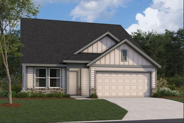 11908 Dillon Falls Dr, Austin, TX 78747 - view of front of home with concrete driveway, a garage, board and batten siding, a shingled roof, and a front yard