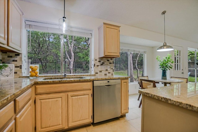 3413 Latimer Dr, Austin, TX 78732 - kitchen featuring stainless steel dishwasher, light tile patterned flooring, backsplash, and light stone counters