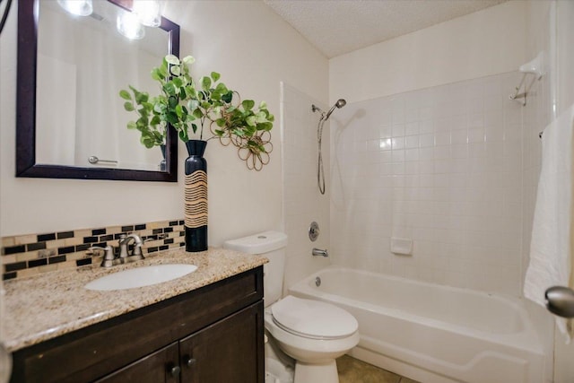 3413 Latimer Dr, Austin, TX 78732 - bathroom with shower / tub combination, vanity, decorative backsplash, and a textured ceiling