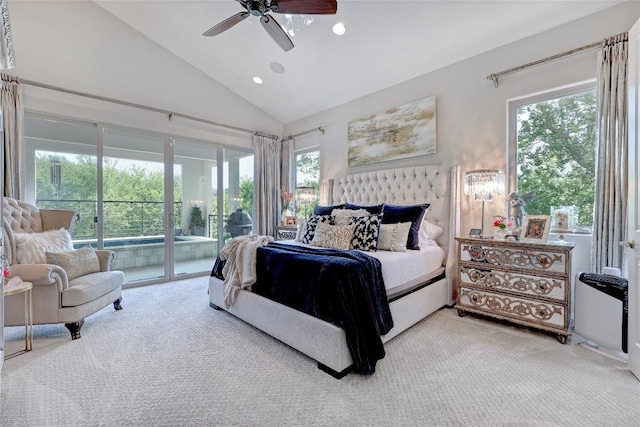 3973 River Place Blvd, Austin, TX 78730 - carpeted bedroom featuring access to outside, lofted ceiling, multiple windows, recessed lighting, and a ceiling fan