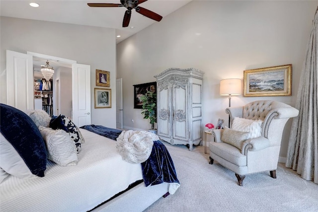 3973 River Place Blvd, Austin, TX 78730 - bedroom featuring light colored carpet, high vaulted ceiling, recessed lighting, and a ceiling fan