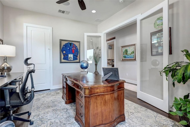 3973 River Place Blvd, Austin, TX 78730 - home office featuring a ceiling fan, light wood-style flooring, and recessed lighting