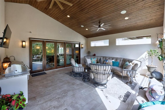 3973 River Place Blvd, Austin, TX 78730 - view of patio with a ceiling fan, an outdoor living space, exterior kitchen, and french doors