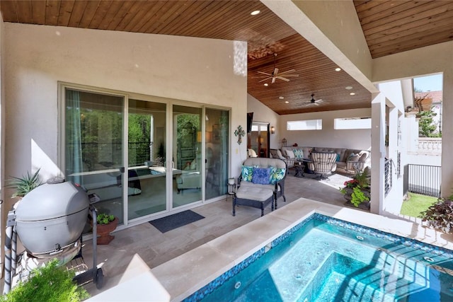 3973 River Place Blvd, Austin, TX 78730 - outdoor pool with an outdoor hangout area, a patio, a ceiling fan, and a hot tub