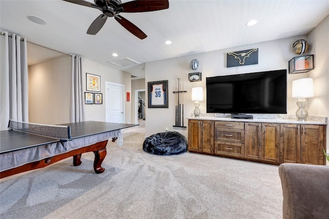 3973 River Place Blvd, Austin, TX 78730 - rec room featuring carpet floors, a ceiling fan, and recessed lighting