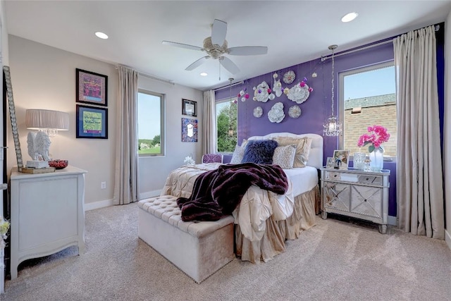 3973 River Place Blvd, Austin, TX 78730 - bedroom with light colored carpet, a ceiling fan, and recessed lighting