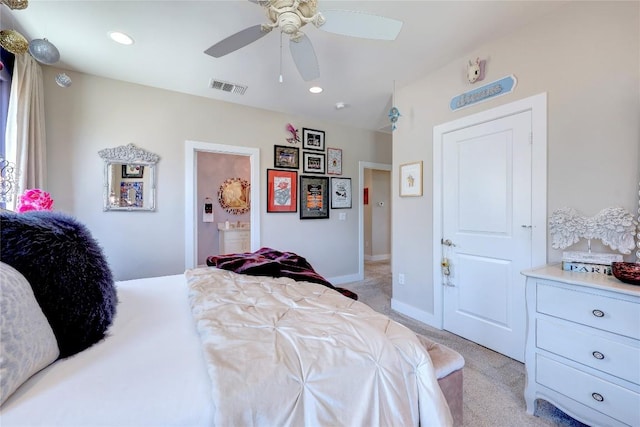 3973 River Place Blvd, Austin, TX 78730 - bedroom with light colored carpet, recessed lighting, a ceiling fan, and ensuite bath