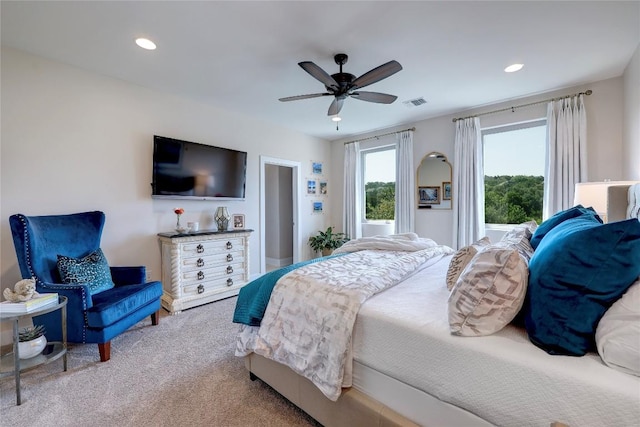 3973 River Place Blvd, Austin, TX 78730 - carpeted bedroom featuring a ceiling fan and recessed lighting
