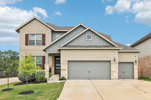 958 Pink Granite Blvd, Dripping Springs, TX 78620 - craftsman-style house with concrete driveway, a garage, brick siding, board and batten siding, and a shingled roof
