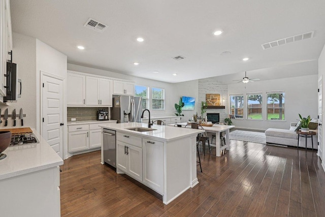 958 Pink Granite Blvd, Dripping Springs, TX 78620 - kitchen featuring stainless steel appliances, open floor plan, a fireplace, ceiling fan, and light countertops