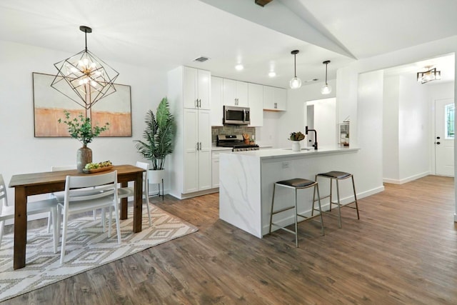 2207 Emerald Isle Dr, Leander, TX 78641 - kitchen featuring stainless steel appliances, a chandelier, dark wood-type flooring, white cabinets, and a peninsula