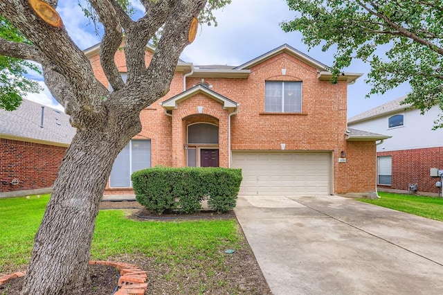 6050 Almelo Dr, Round Rock, TX 78681 - traditional home featuring brick siding, driveway, an attached garage, and a front lawn