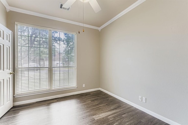 6050 Almelo Dr, Round Rock, TX 78681 - unfurnished room featuring ornamental molding, dark wood-type flooring, and a ceiling fan