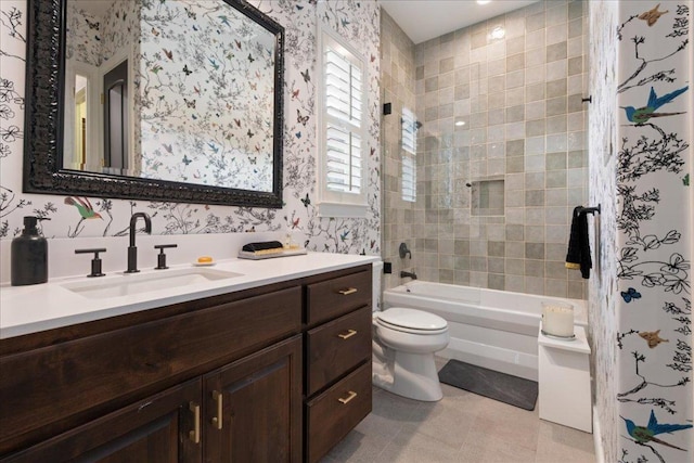 205 Versilia Cir, Lakeway, TX 78734 - bathroom with vanity, shower / tub combination, wallpapered walls, and tile patterned flooring