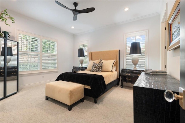 205 Versilia Cir, Lakeway, TX 78734 - bedroom featuring light colored carpet, crown molding, recessed lighting, and a ceiling fan