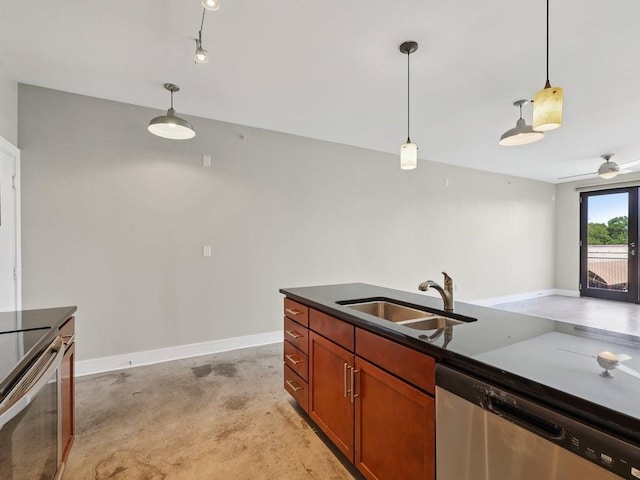 3016 Guadalupe St Unit 211, Austin, TX 78705 - kitchen with stainless steel appliances, dark countertops, decorative light fixtures, unfinished concrete floors, and brown cabinetry