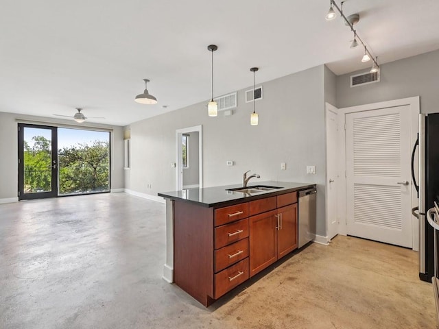 3016 Guadalupe St Unit 211, Austin, TX 78705 - kitchen featuring appliances with stainless steel finishes, concrete floors, dark countertops, open floor plan, and a ceiling fan