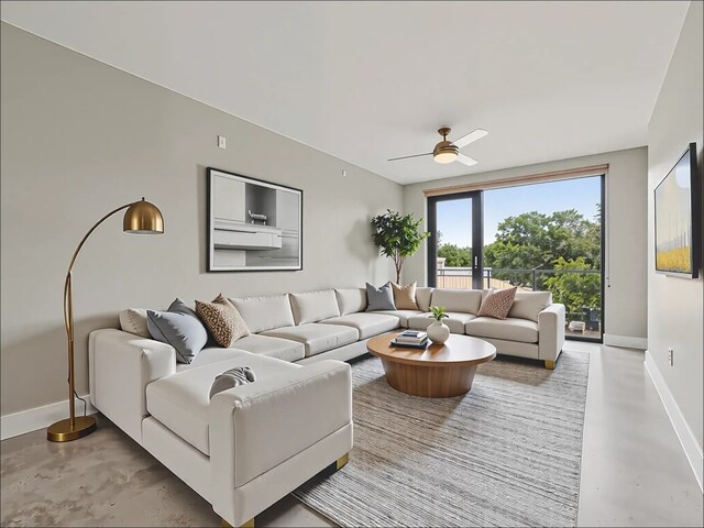 3016 Guadalupe St Unit 211, Austin, TX 78705 - living room with finished concrete flooring and ceiling fan