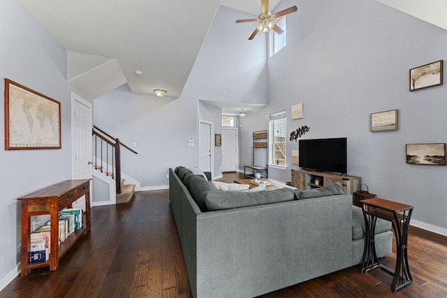 16216 Travesia Way, Austin, TX 78728 - living area featuring stairs, ceiling fan, wood finished floors, and high vaulted ceiling
