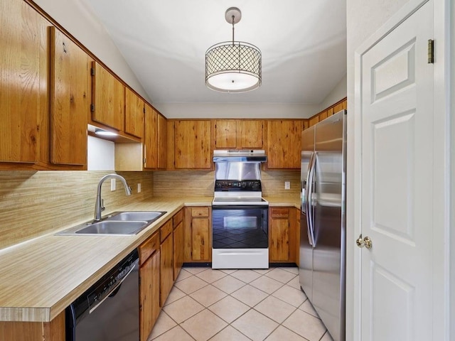 11608 Norwegian Wood Dr, Austin, TX 78758 - kitchen with stainless steel refrigerator with ice dispenser, black dishwasher, electric stove, under cabinet range hood, and brown cabinetry