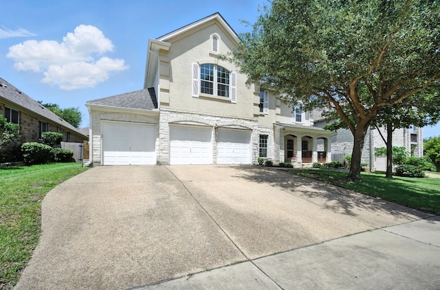 1208 Pine Forest Cir, Round Rock, TX 78665 - traditional-style house featuring driveway, a front yard, a garage, covered porch, and a shingled roof