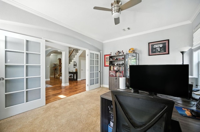 1208 Pine Forest Cir, Round Rock, TX 78665 - carpeted office space with arched walkways, crown molding, a ceiling fan, and french doors