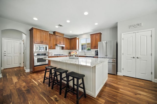 1208 Pine Forest Cir, Round Rock, TX 78665 - kitchen with stainless steel appliances, under cabinet range hood, arched walkways, dark wood-style floors, and recessed lighting