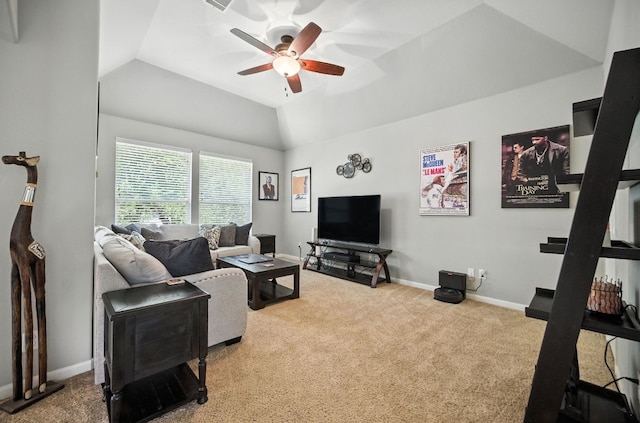 1208 Pine Forest Cir, Round Rock, TX 78665 - living room featuring ceiling fan, carpet, and vaulted ceiling