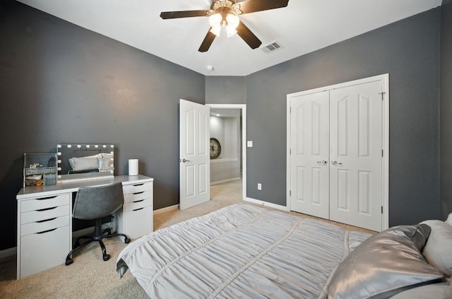 1208 Pine Forest Cir, Round Rock, TX 78665 - bedroom featuring light colored carpet, an office area, a closet, and ceiling fan
